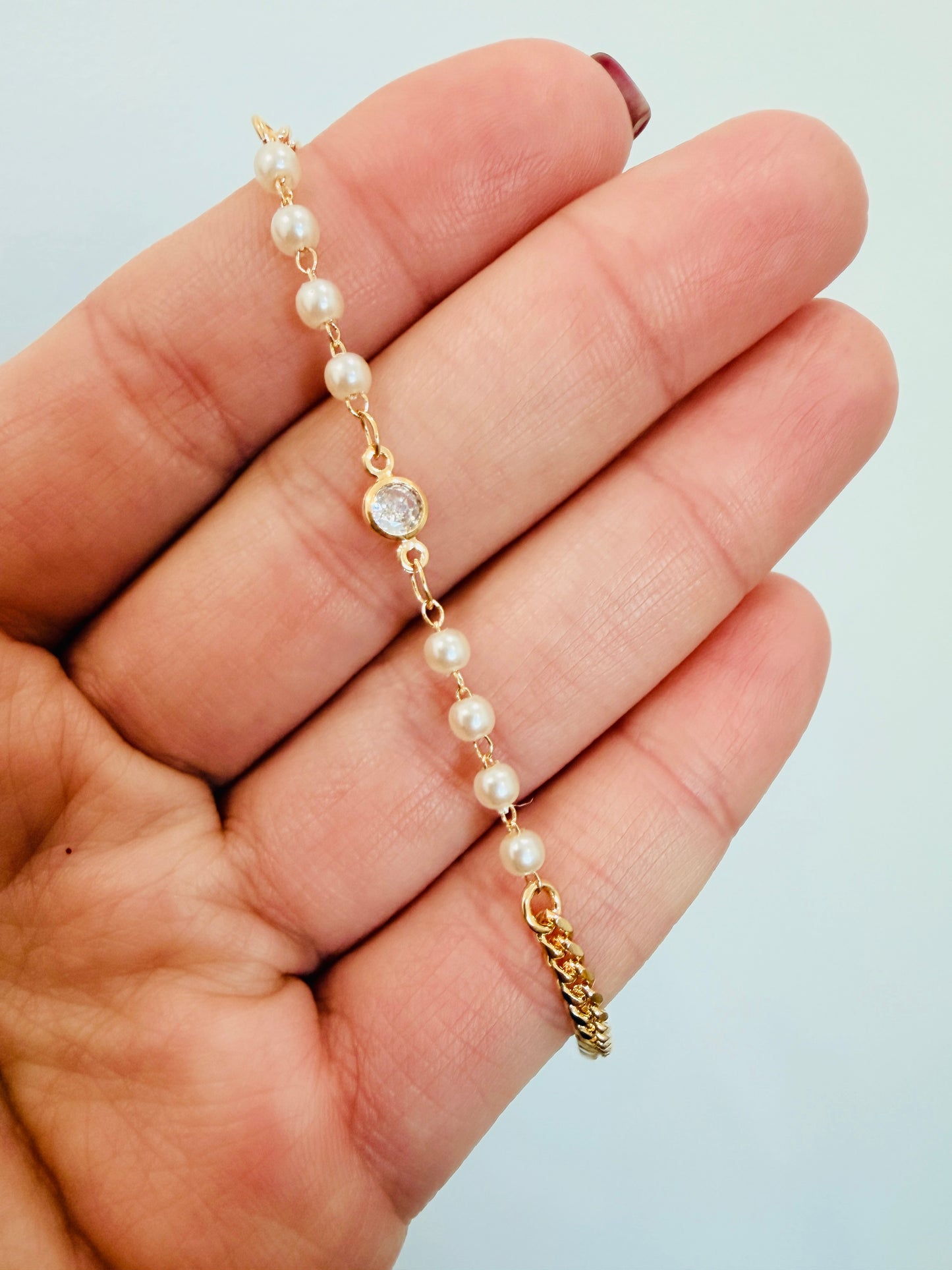Gold Filled CZ & Pearl Curb Bracelet | 7.25” + 2” Extender