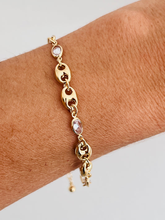 Gold Filled CZ & Puff Paperclip Bracelet | 7” + 2” Extender