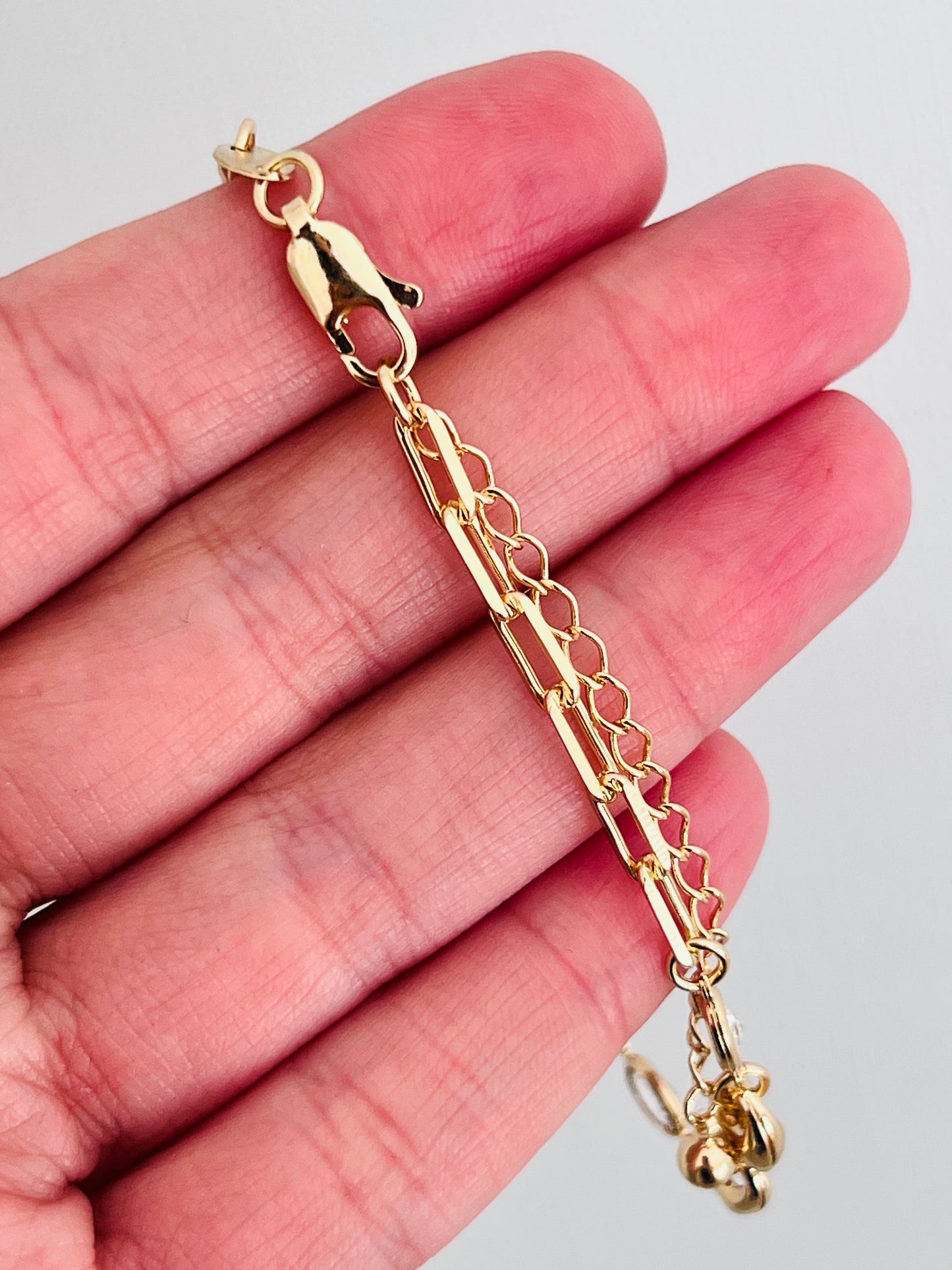 Gold Filled CZ & Puff Paperclip Bracelet | 7” + 2” Extender
