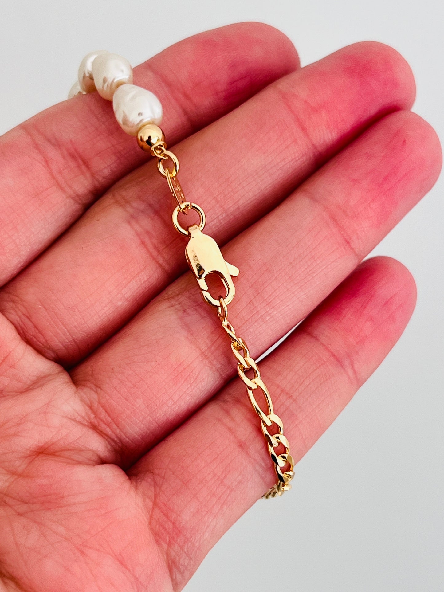 Gold Filled Pearl Figaro Bracelet | 7" to 7.5" Adjustable