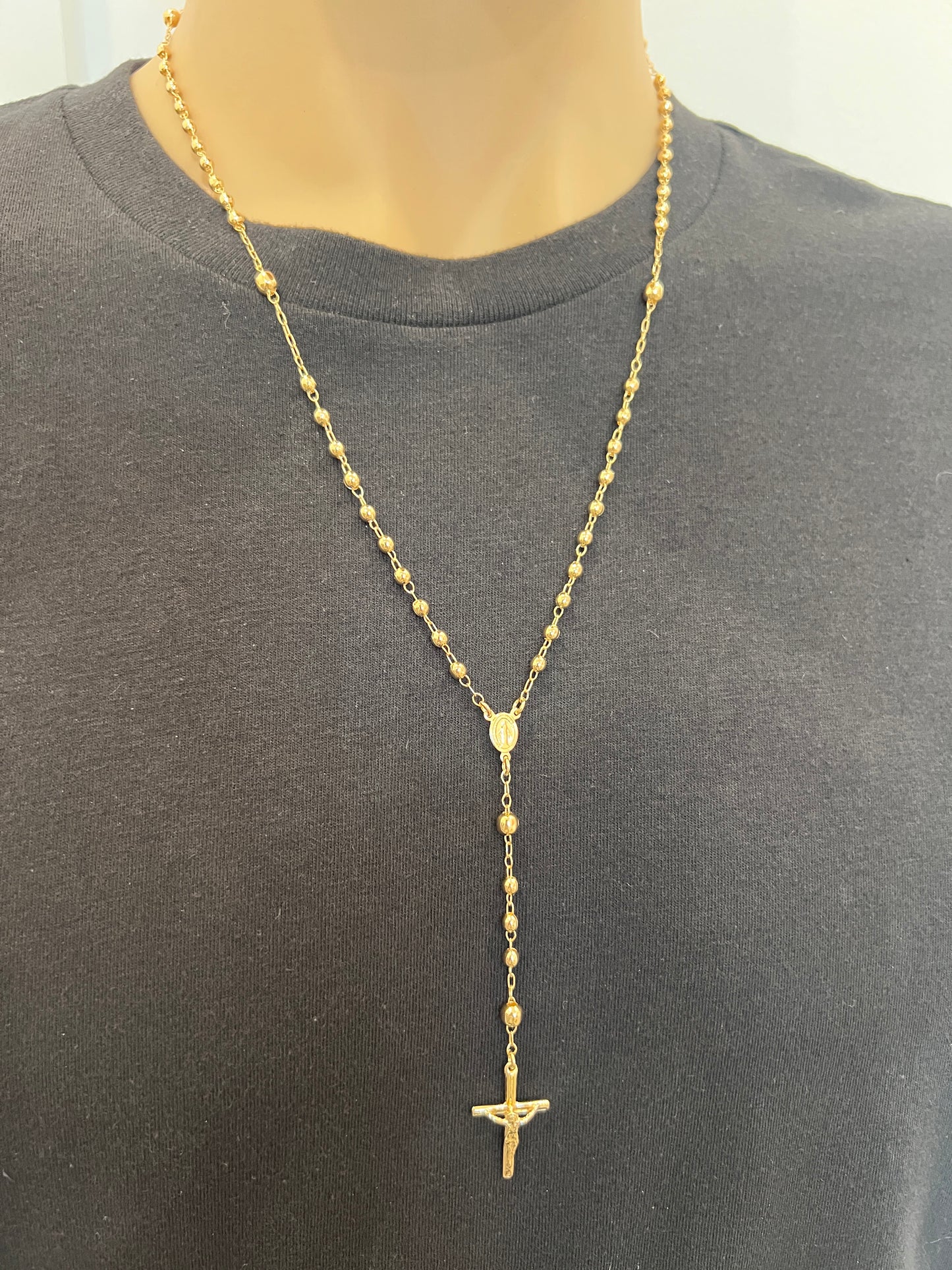 Gold Filled Virgin Mary Rosary Necklace | 24" Chain with 3mm Beads & Statement Cross