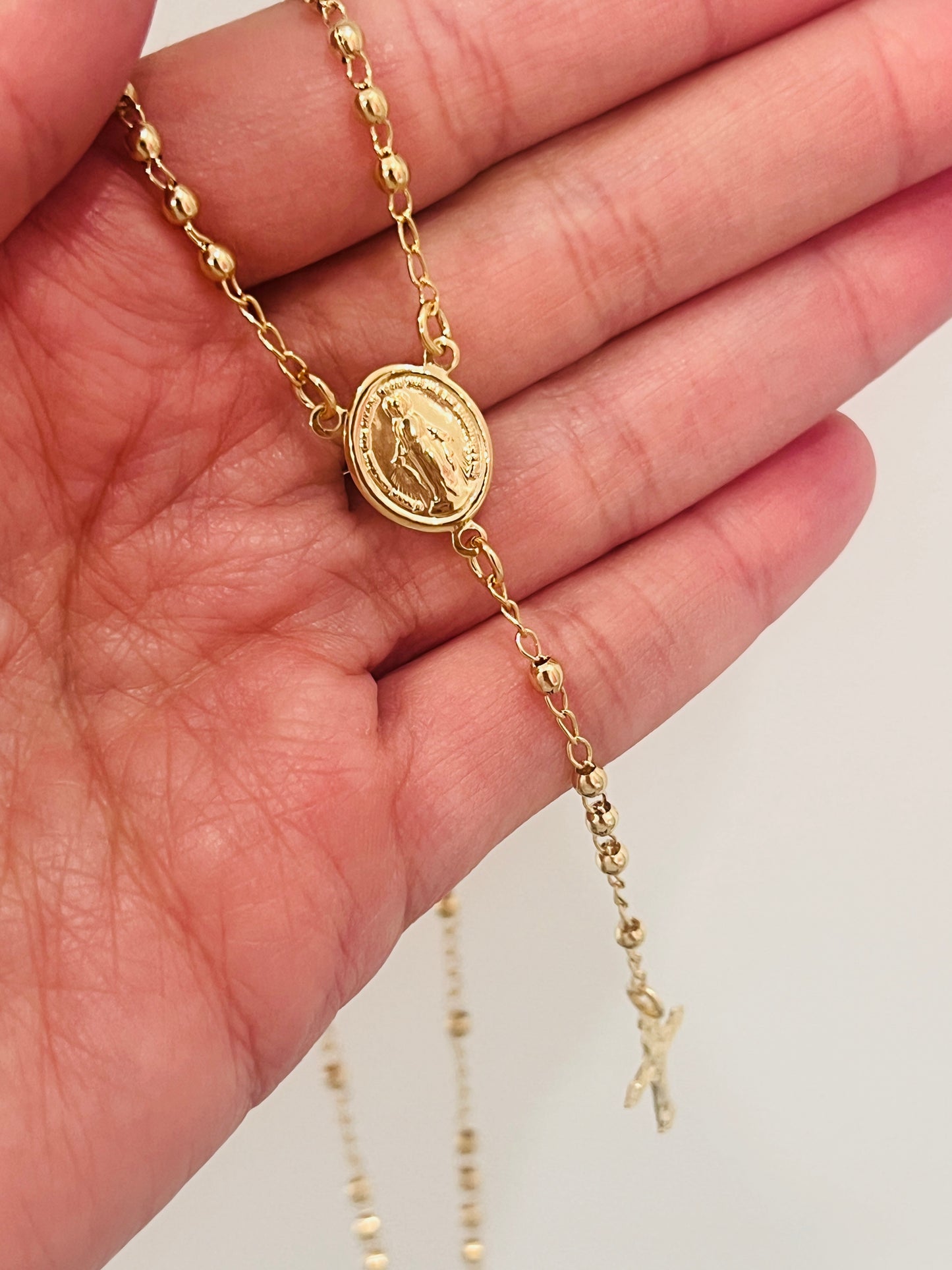 Gold Filled Virgin Mary Rosary Necklace | 16.25" with 2mm Beads & Dainty Cross