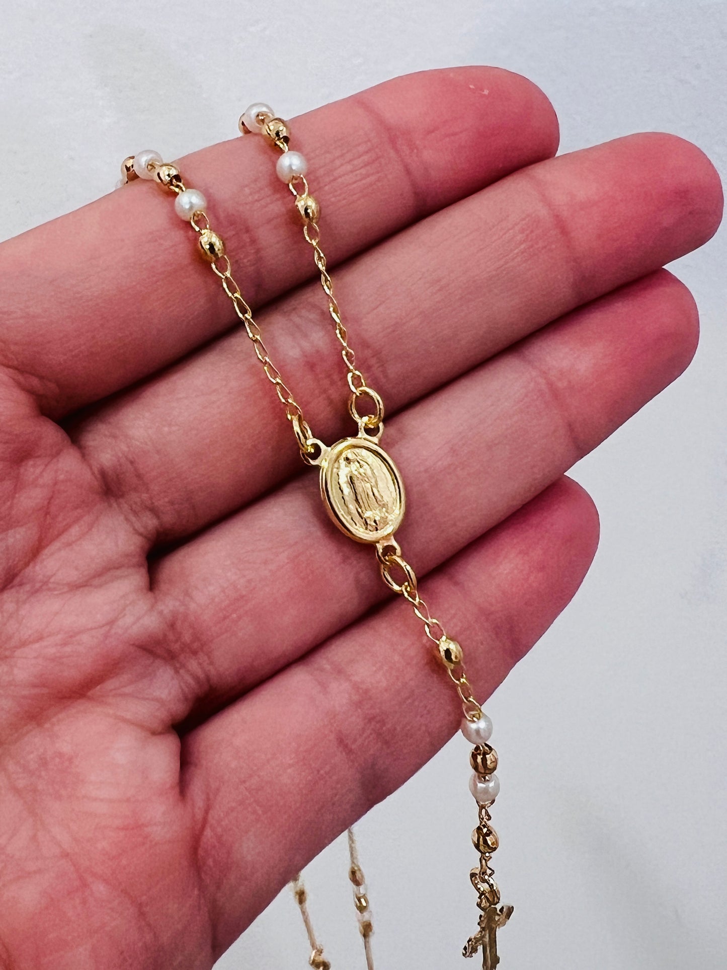 Gold Filled Pearl Rosary Necklace | 16.5" Dainty Cross Pendant Chain