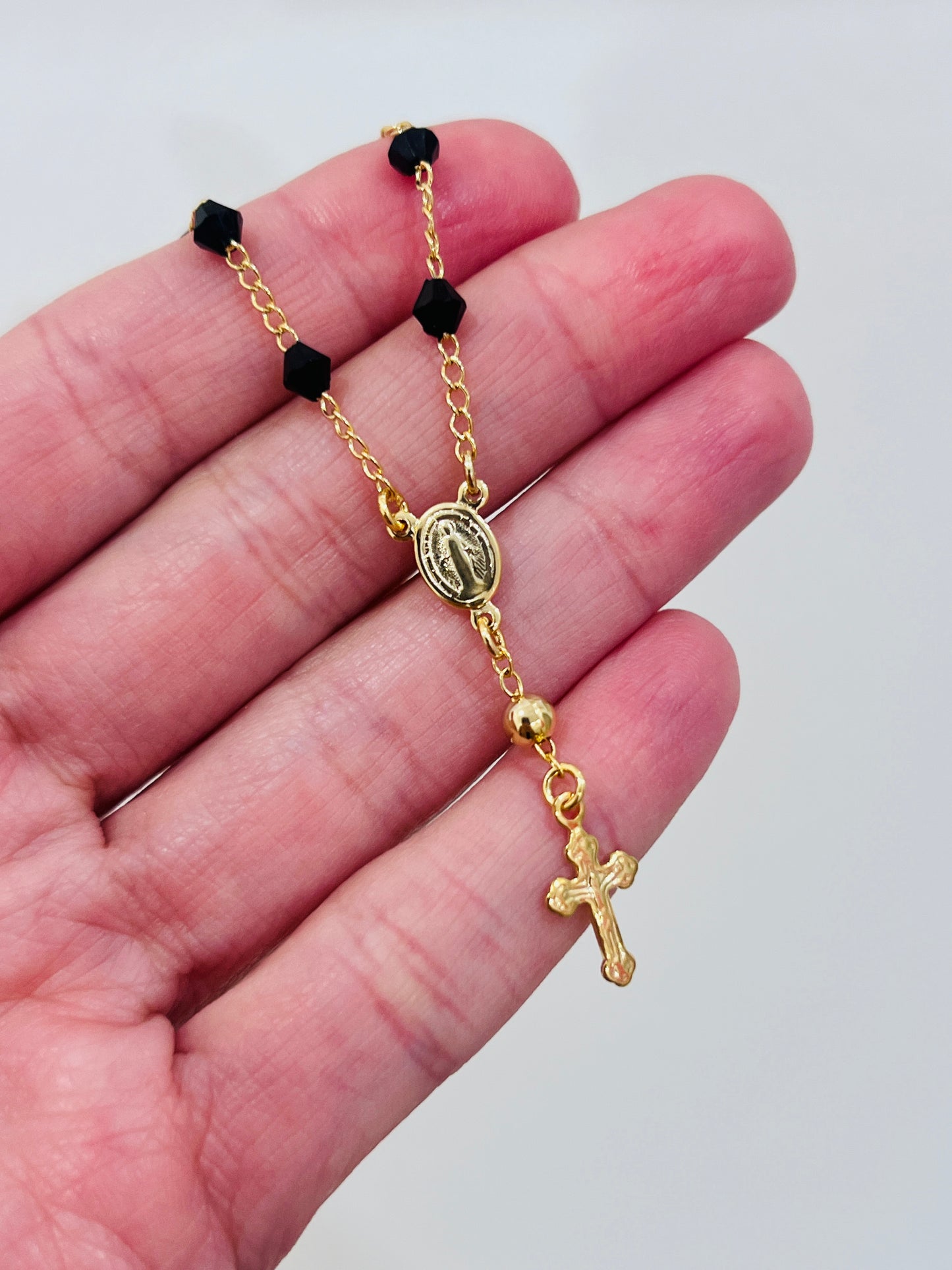 Gold Filled Virgin Mary Black Crystal Rosary Bracelet | Catholic Faith Jewelry