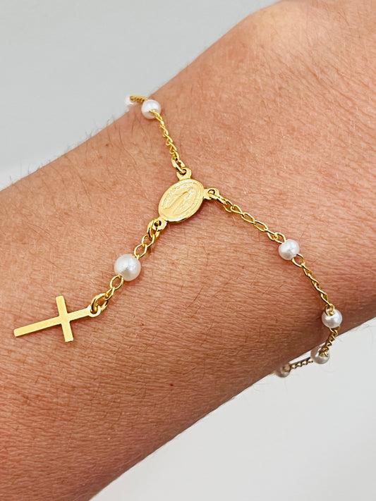 Gold Filled Virgin Mary Pearl Rosary Bracelet | Dainty Catholic Jewelry