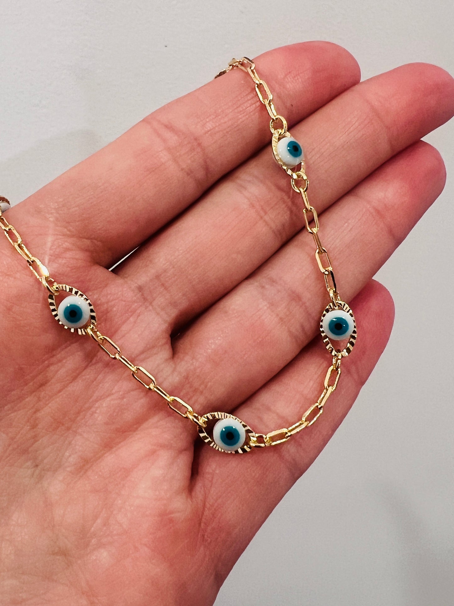 Gold Filled Evil Eye Paperclip Anklet | Dainty Protective Charm