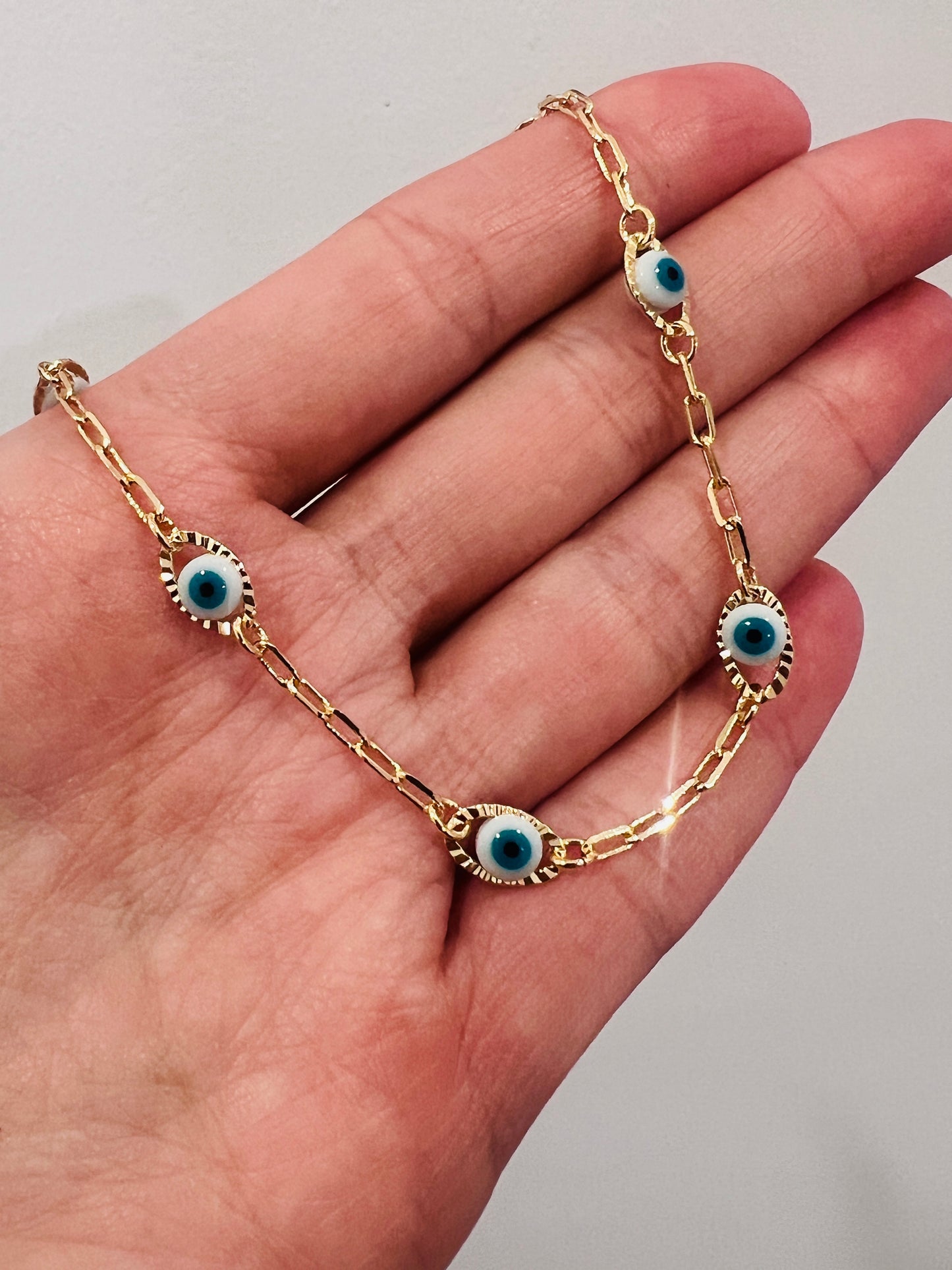 Gold Filled Evil Eye Paperclip Anklet | Dainty Protective Charm