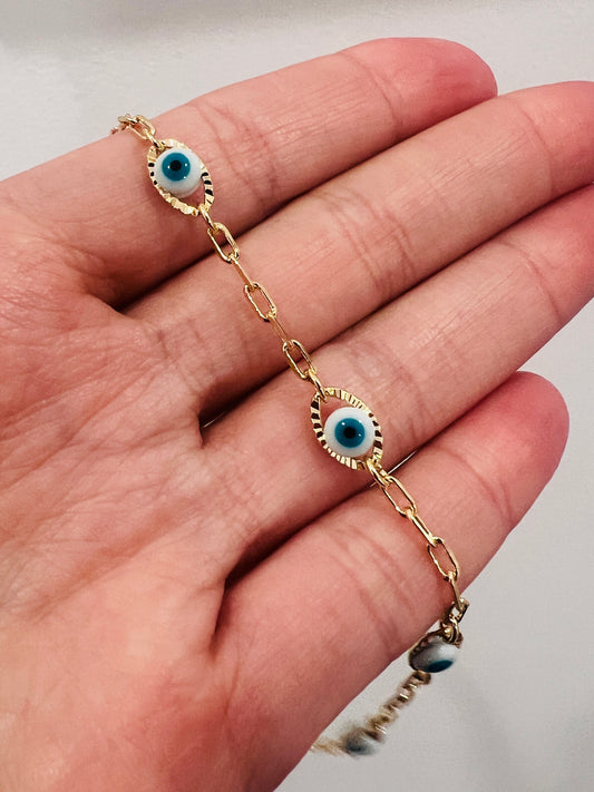 Gold Filled Evil Eye Paperclip Anklet | Dainty Protective Charm