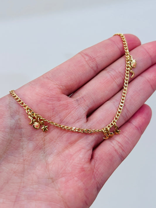 Gold Filled Multi Charm Anklet – Moon, Heart & Star | 10" Dainty 18K Gold Anklet