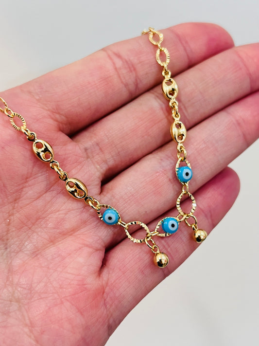 Gold Filled Evil Eye Anklet | 10" 18kt Dainty Protection Charm Chain