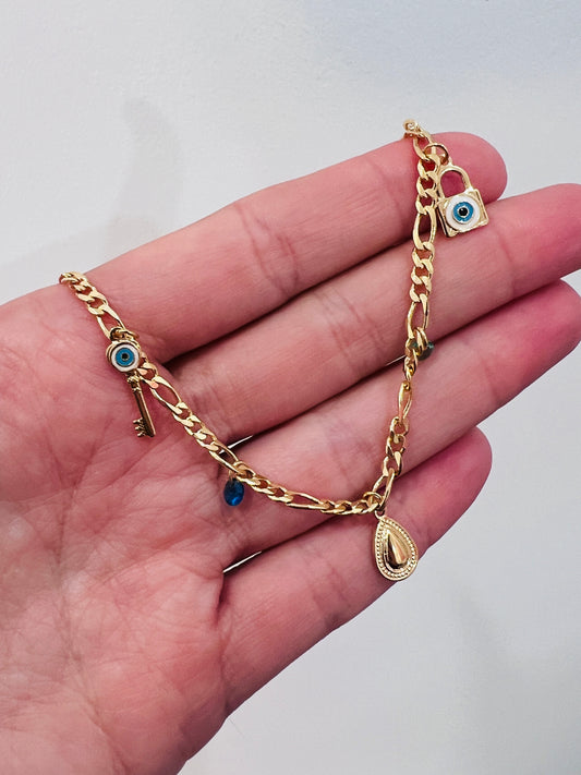 Gold Filled Multi Charm Anklet | 10" 18kt Dainty Chain with Miniature Charms