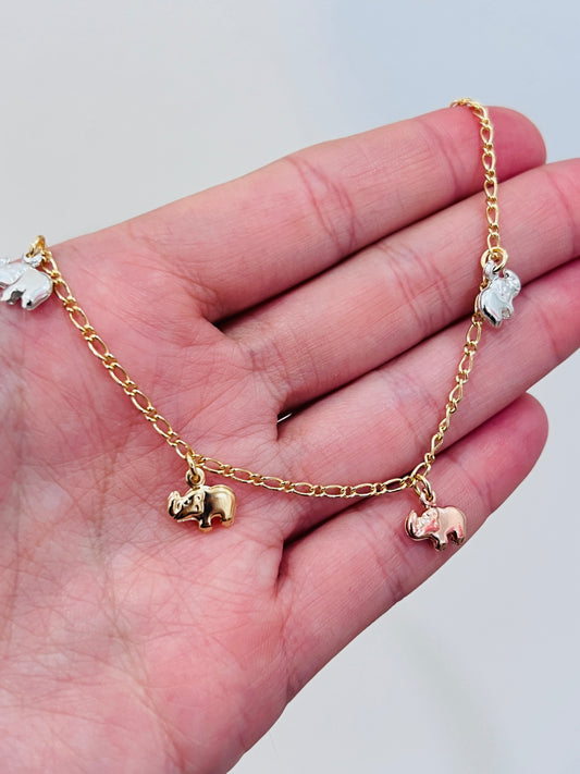 Gold Filled Dangling Elephant Anklet | 10" + 2" Adjustable 18kt Good Luck Charm Chain