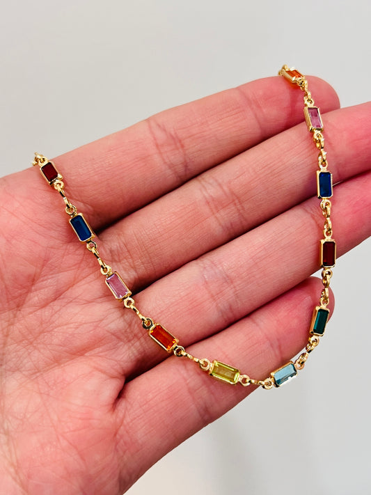 Gold Filled Rectangle Gemstone Anklet | 10" Dainty 18kt Chain with Faceted Stones
