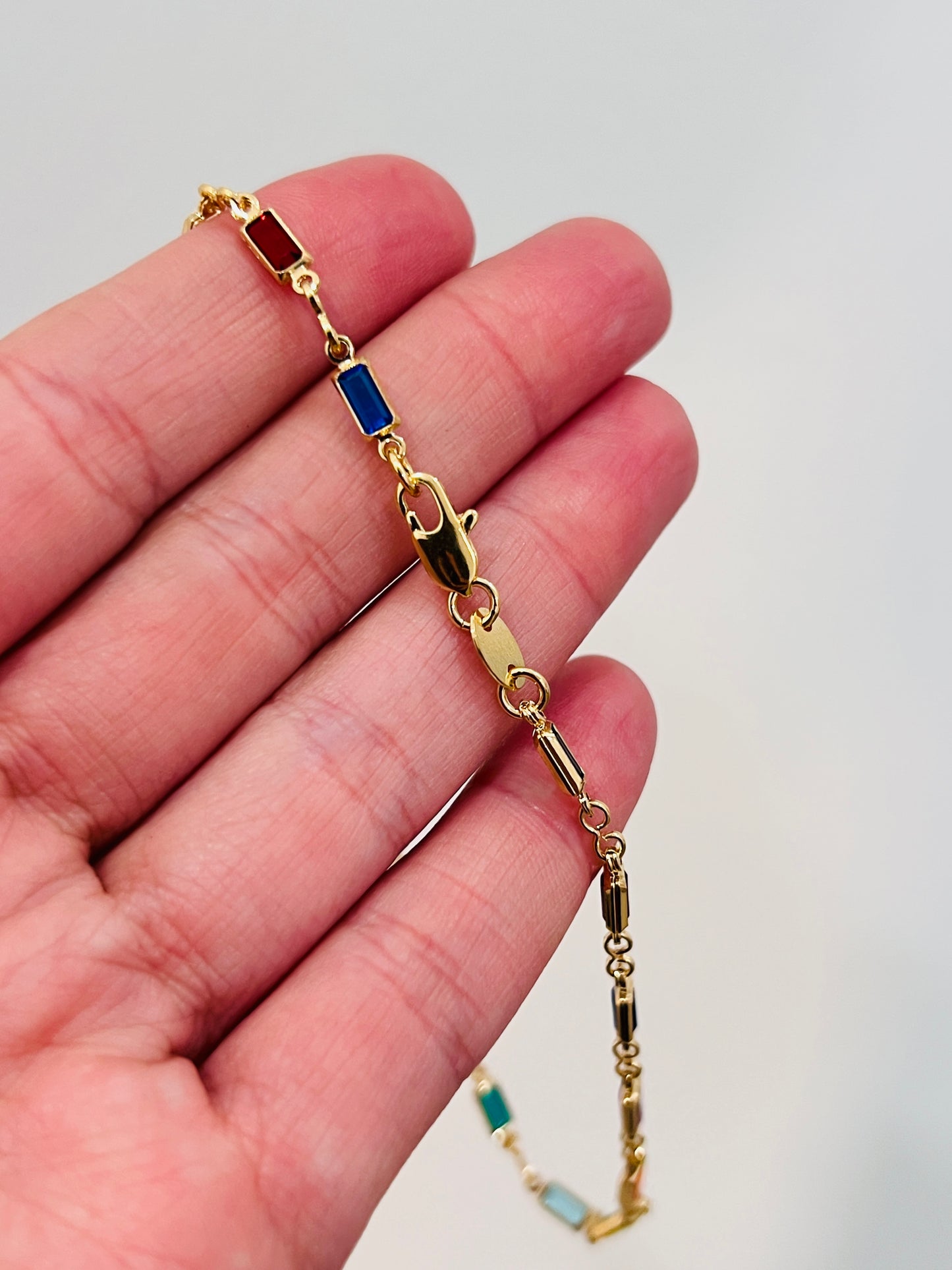 Gold Filled Rectangle Gemstone Anklet | 10" Dainty 18kt Chain with Faceted Stones