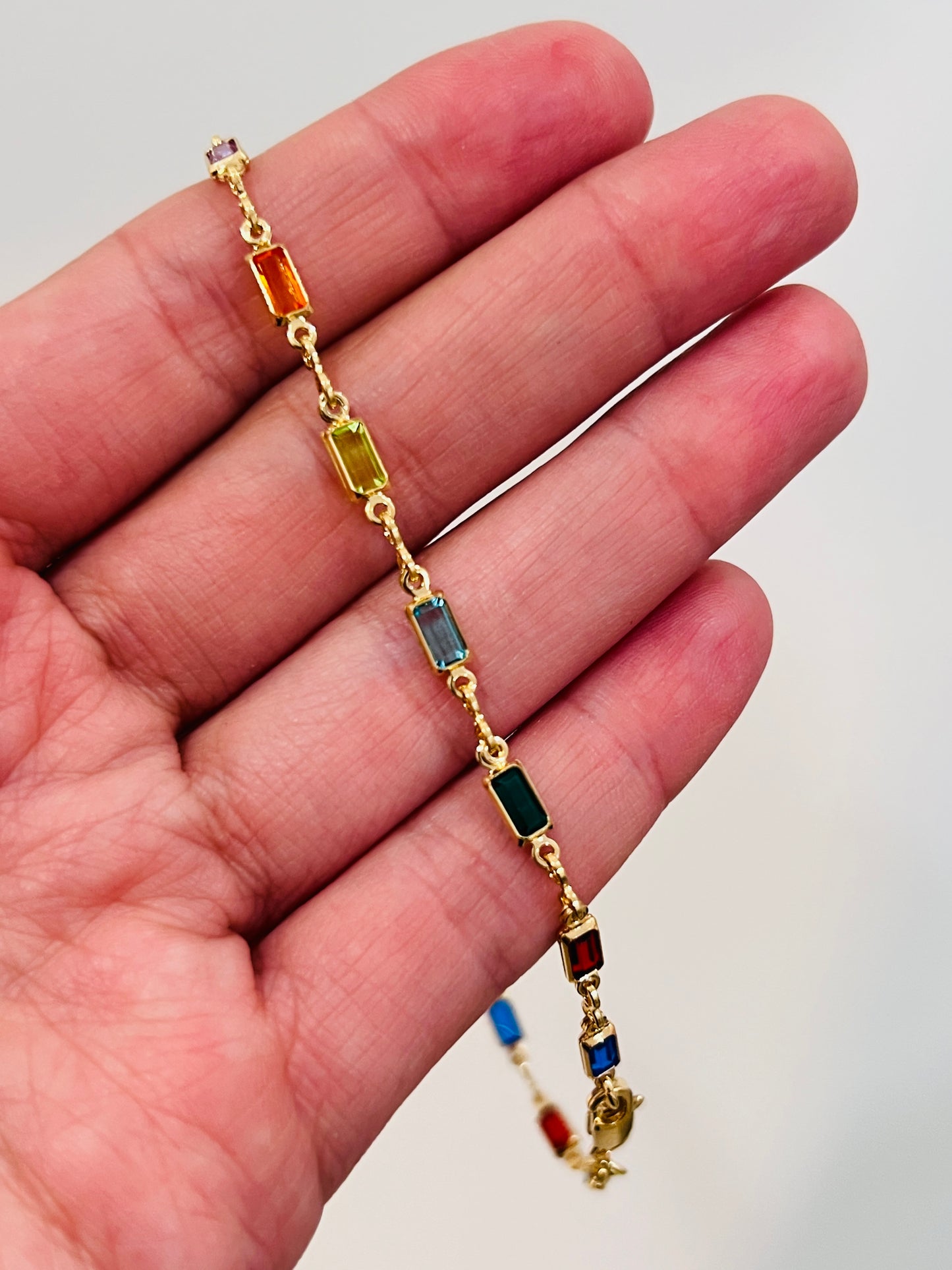 Gold Filled Rectangle Gemstone Anklet | 10" Dainty 18kt Chain with Faceted Stones