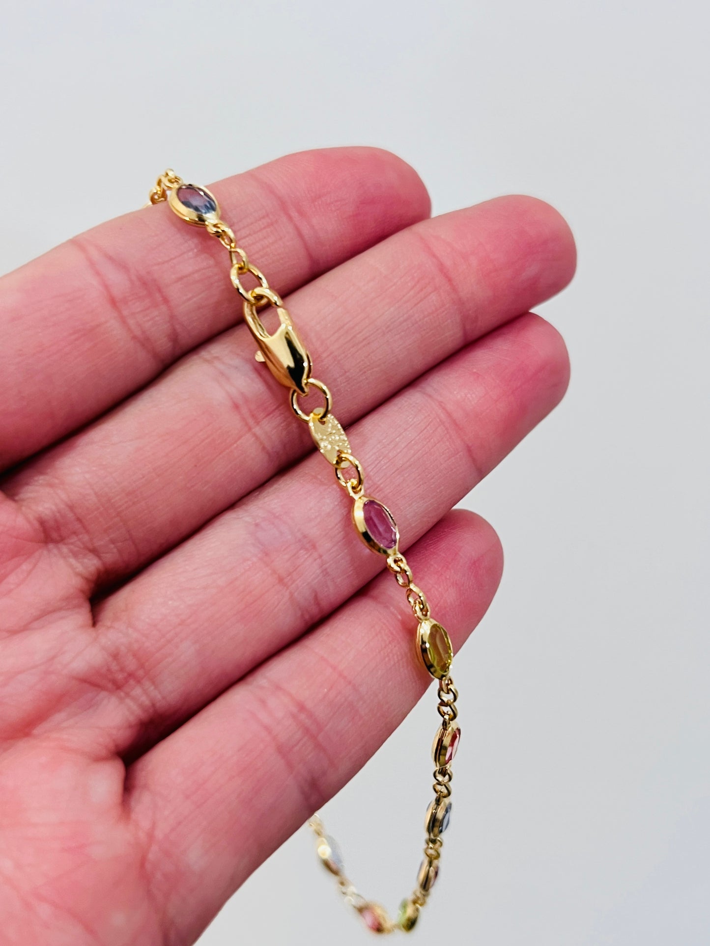 Gold Filled Gemstone Anklet | Dainty Oval Light Stone Chain Bracelet in 9.75" Length