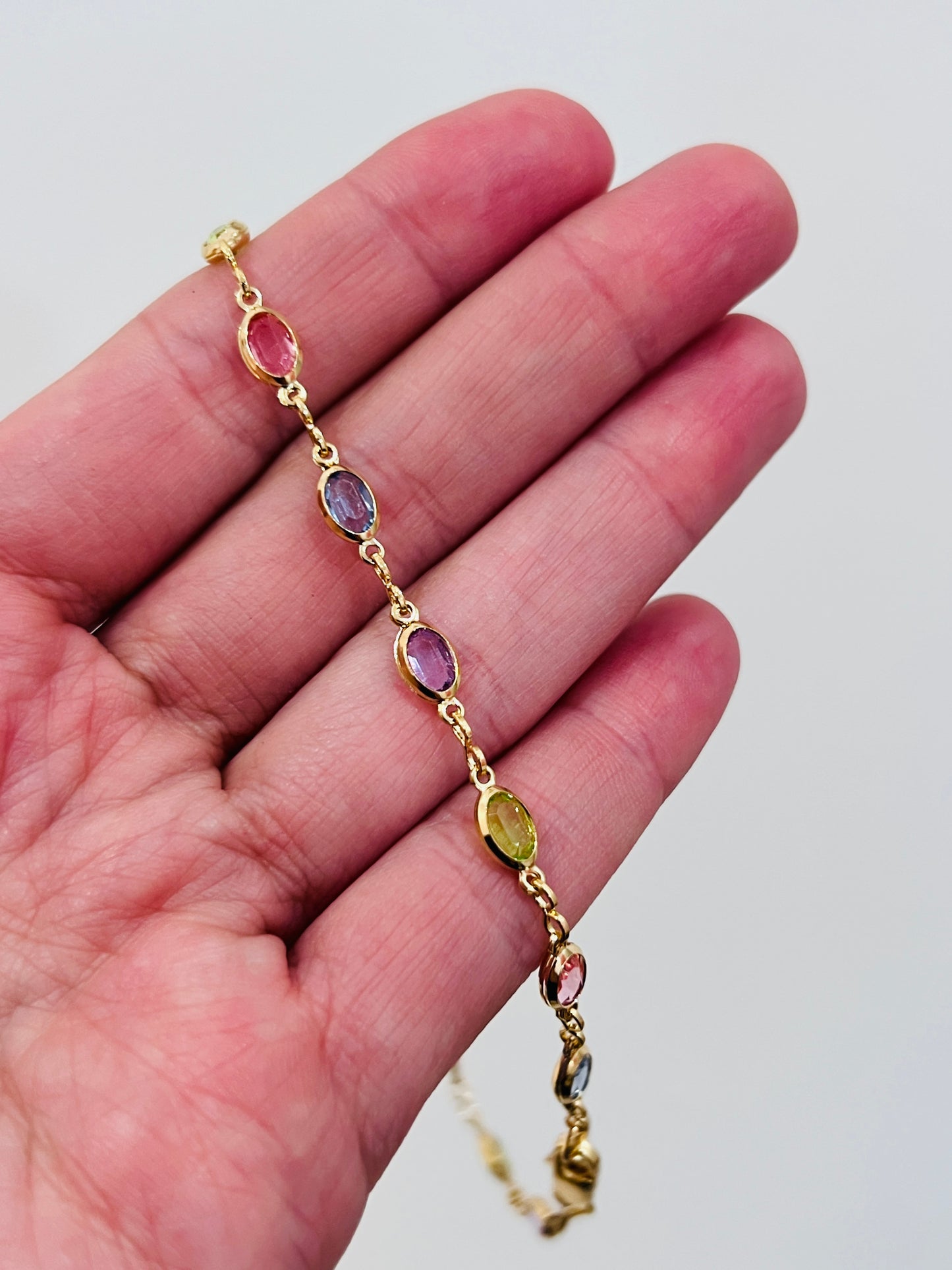 Gold Filled Gemstone Anklet | Dainty Oval Light Stone Chain Bracelet in 9.75" Length