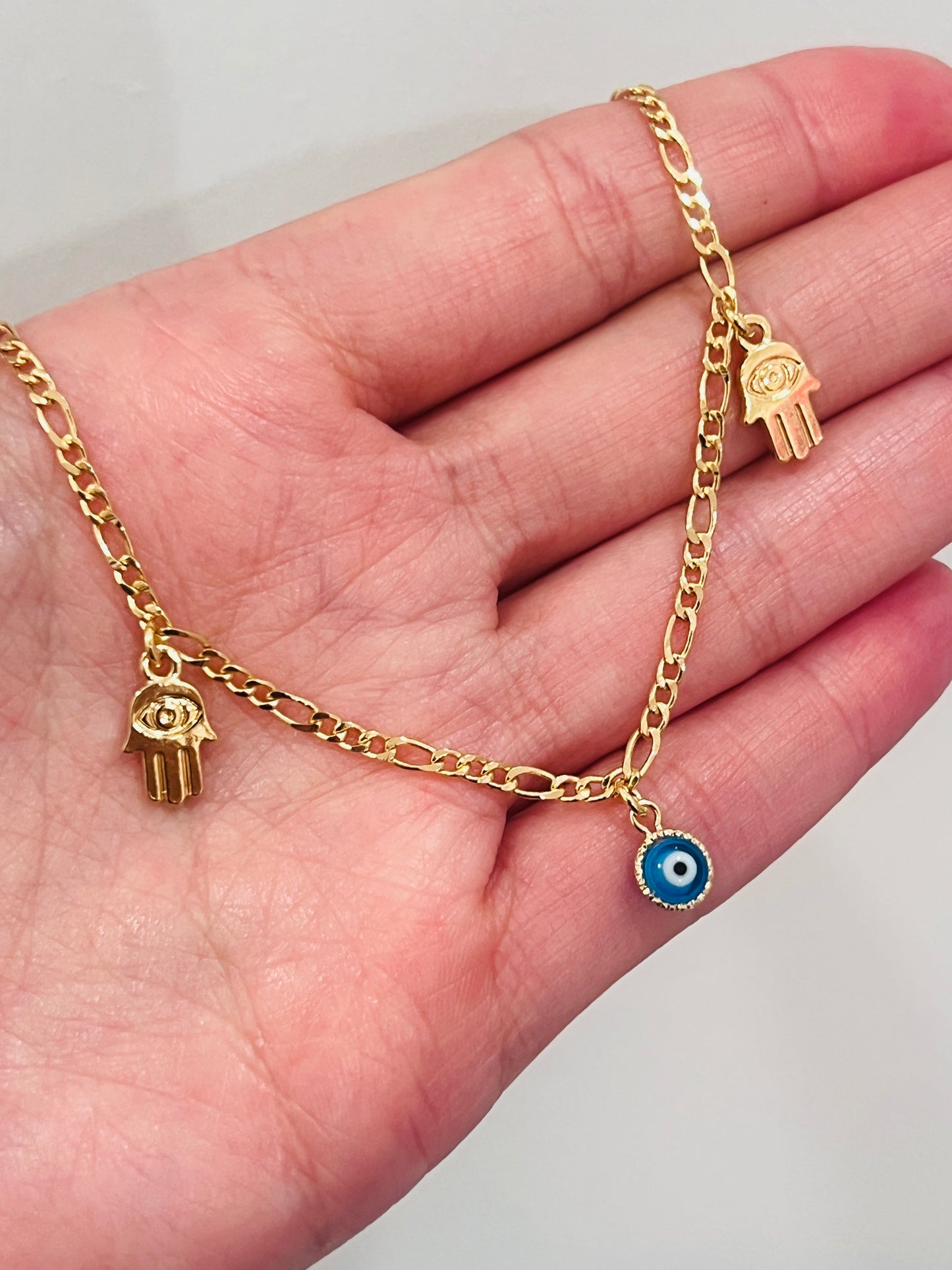 Gold Filled Evil Eye Hamsa Anklet | Size: 10" | 2mm Chain | 5.5mm Eye Charm