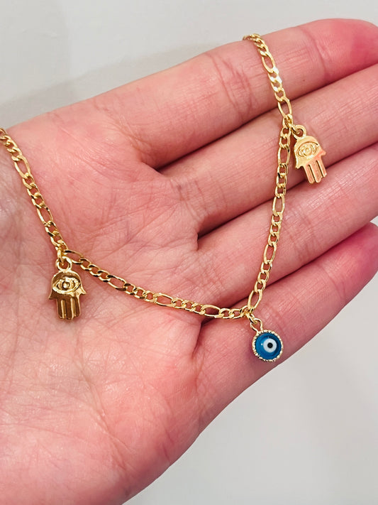 Gold Filled Evil Eye Hamsa Anklet | Size: 10" | 2mm Chain | 5.5mm Eye Charm
