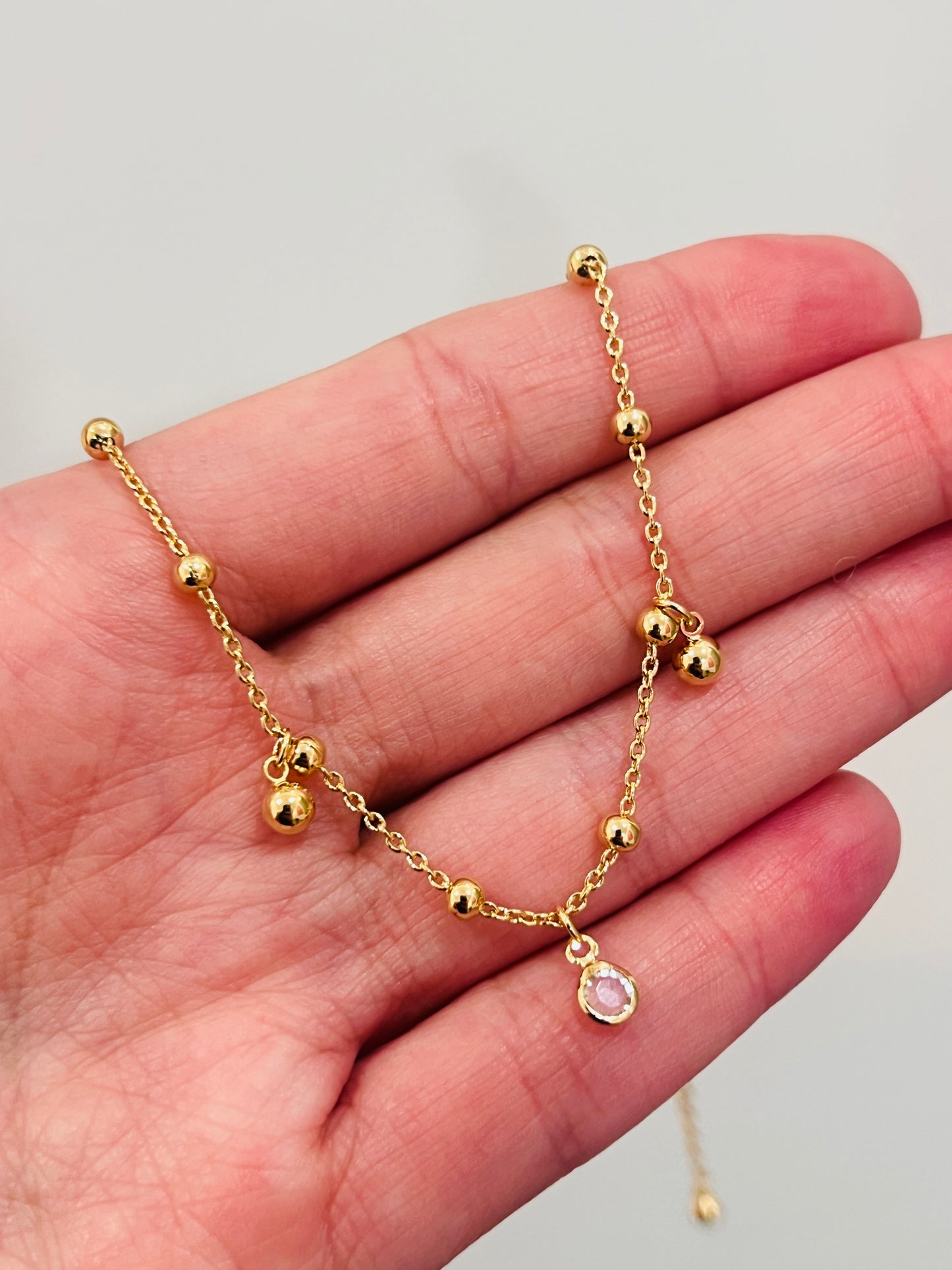 Gold Filled Dangling CZ & Bead Anklet | 10" + 2" Extender | 0.8mm Chain