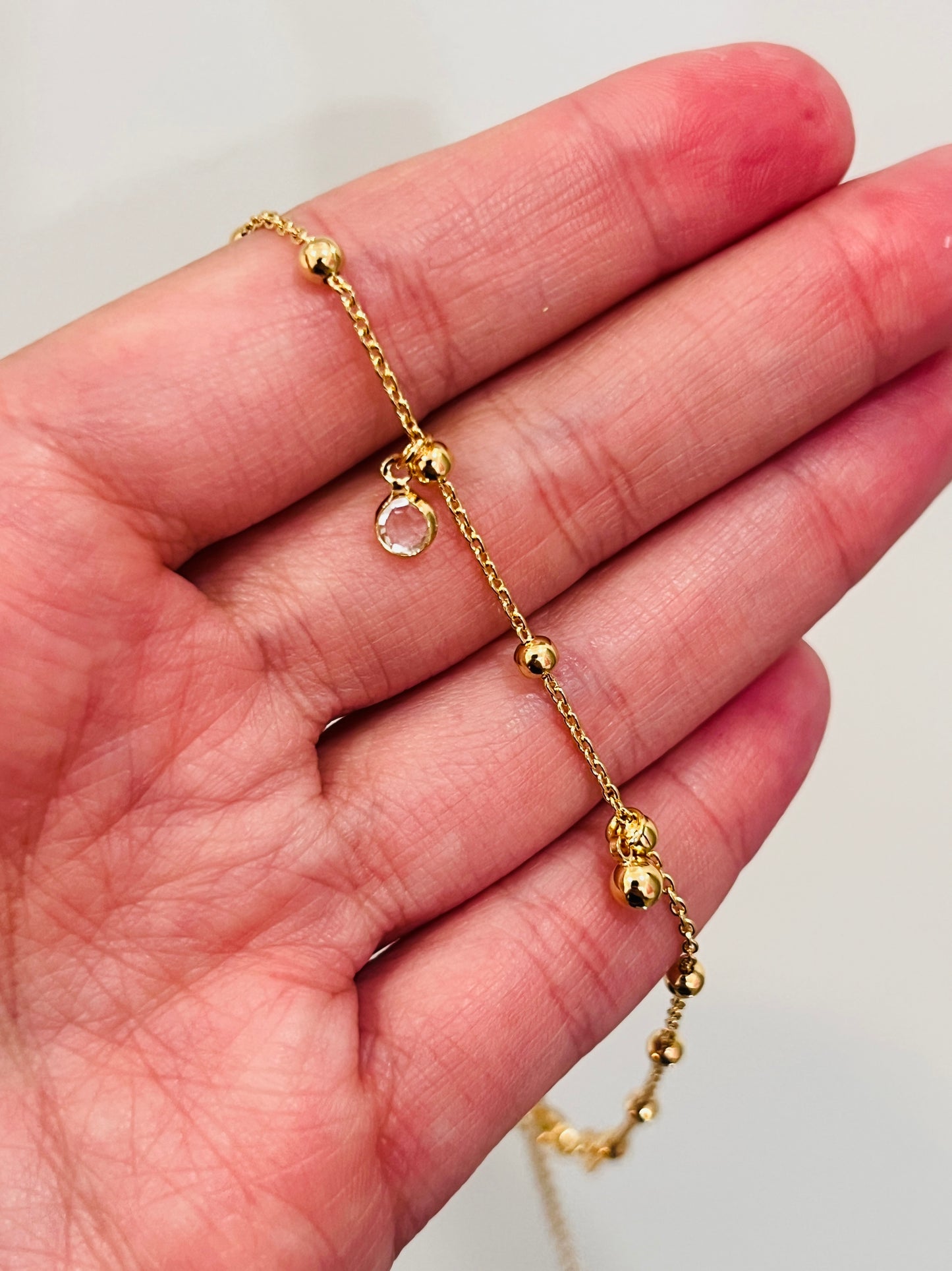 Gold Filled Dangling CZ & Bead Anklet | 10" + 2" Extender | 0.8mm Chain