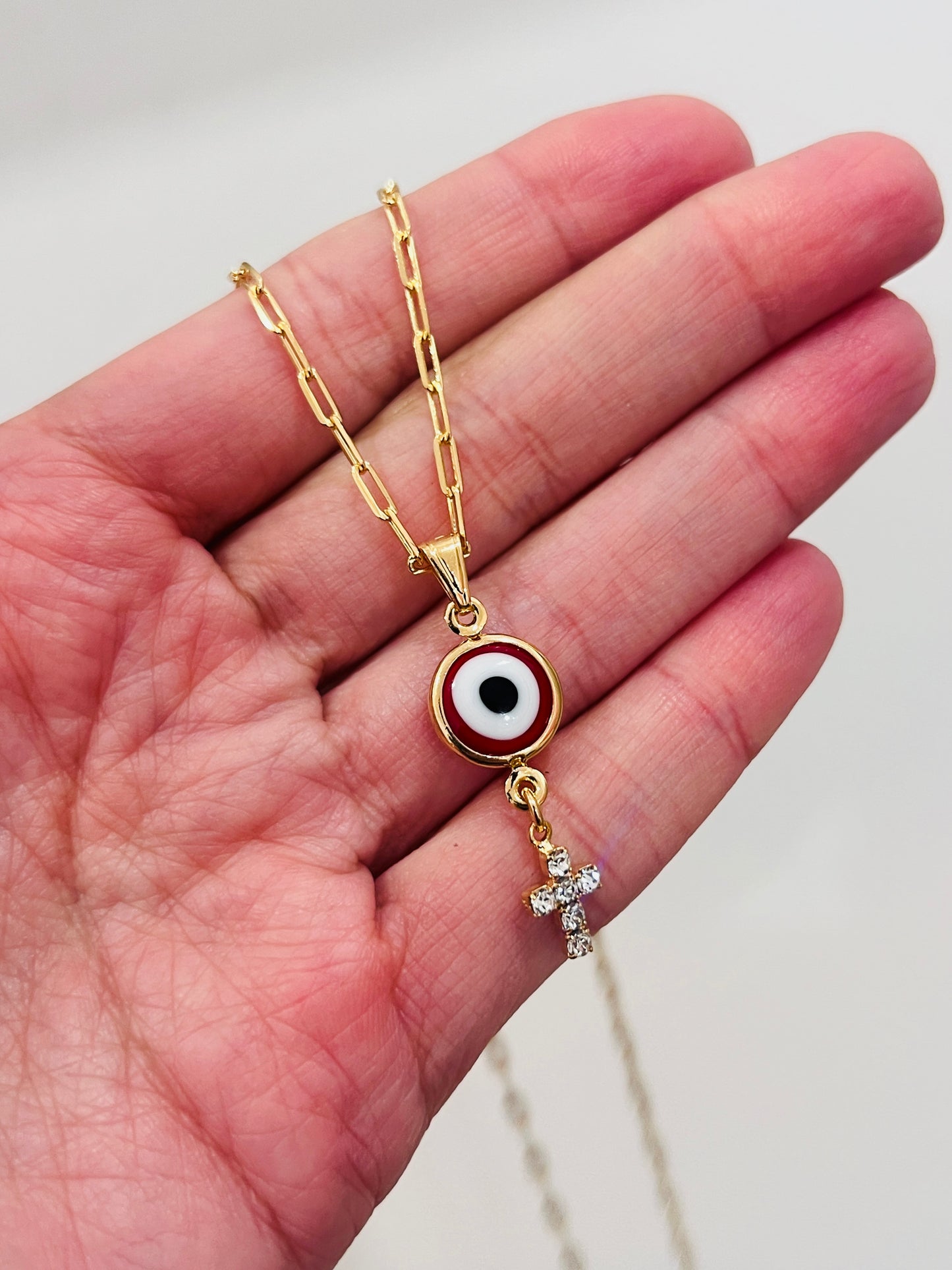 Gold Filled Evil Eye Cross Charm Necklace | Pendant Size 10mm x 30mm + Bail | 16" or 18" Length