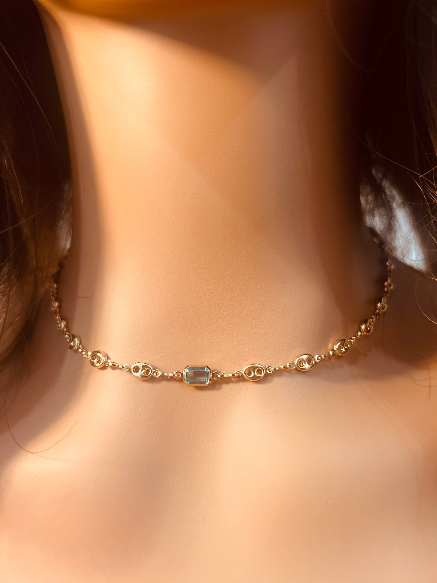 Gold Filled Puff Necklace | Light Blue Gemstone Accent