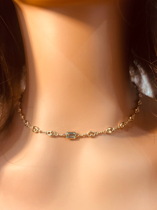 Gold Filled Puff Necklace | Light Blue Gemstone Accent
