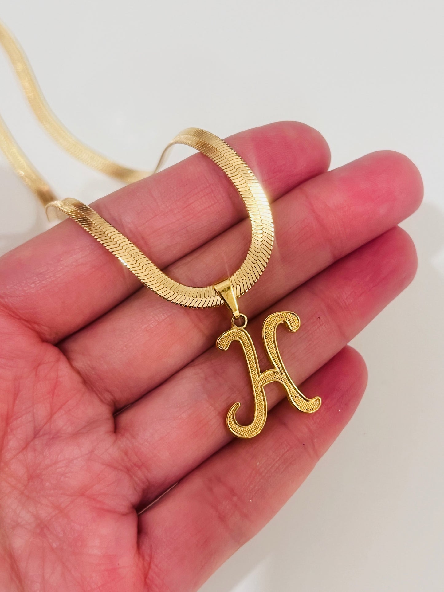 Gold Filled Script Initial Herringbone Necklace | 4mm Personalized 18K Layering Chain