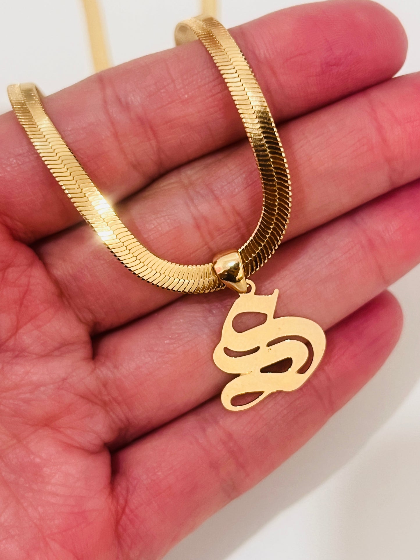Gold Filled Gothic Initial Herringbone Necklace | 4mm Personalized 18K Bold Chain
