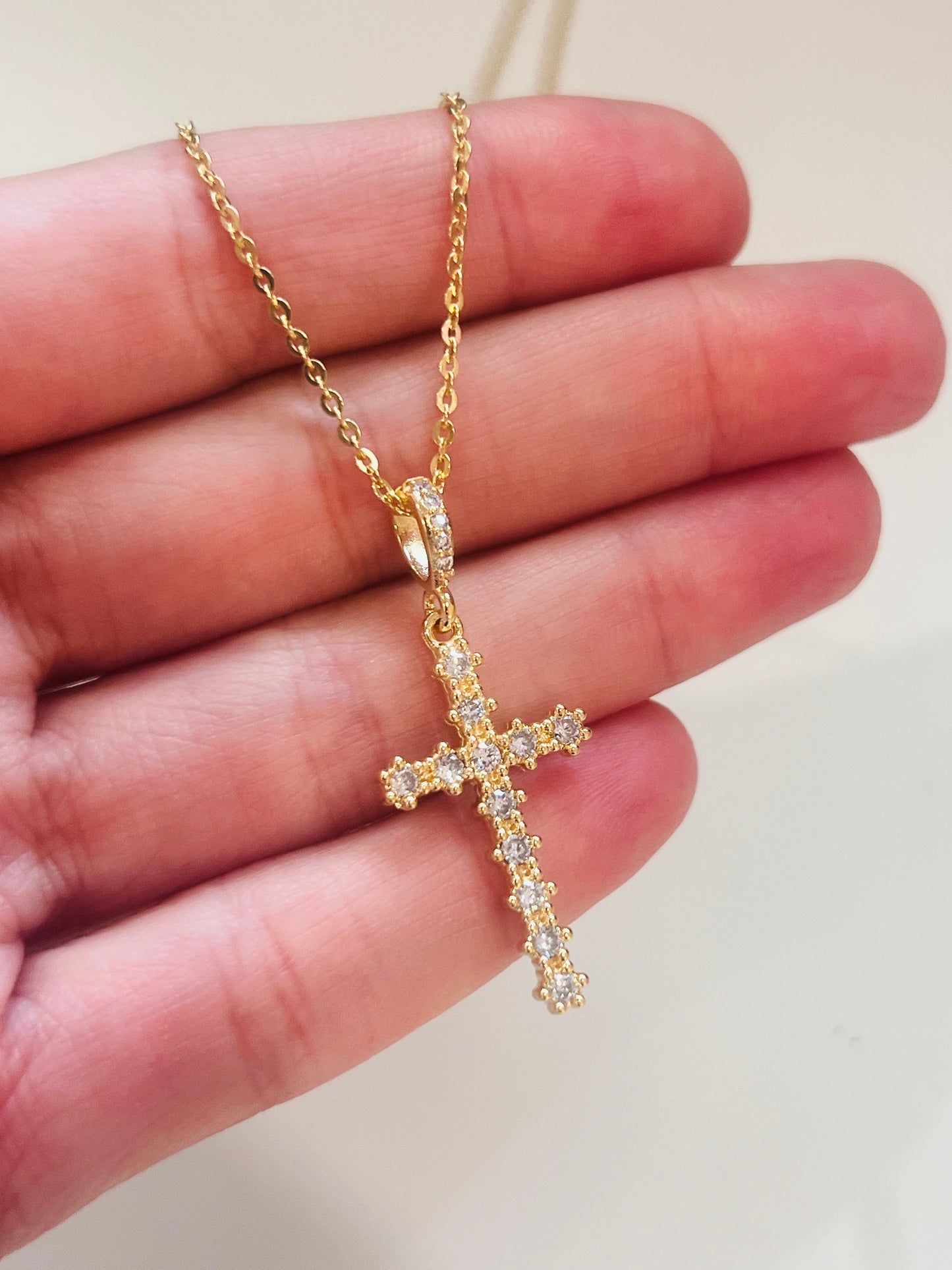 Gold Filled CZ Cross Cross Charm Necklace | Pendant Size 14mm x 27mm + Bail | 16" or 18" Length