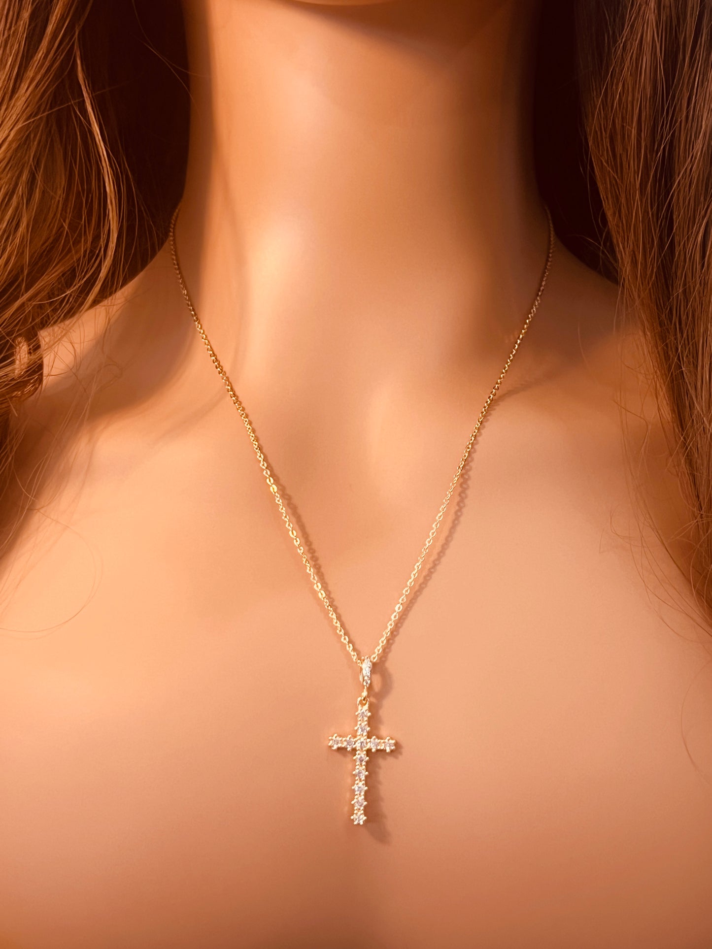 Gold Filled CZ Cross Cross Charm Necklace | Pendant Size 14mm x 27mm + Bail | 16" or 18" Length