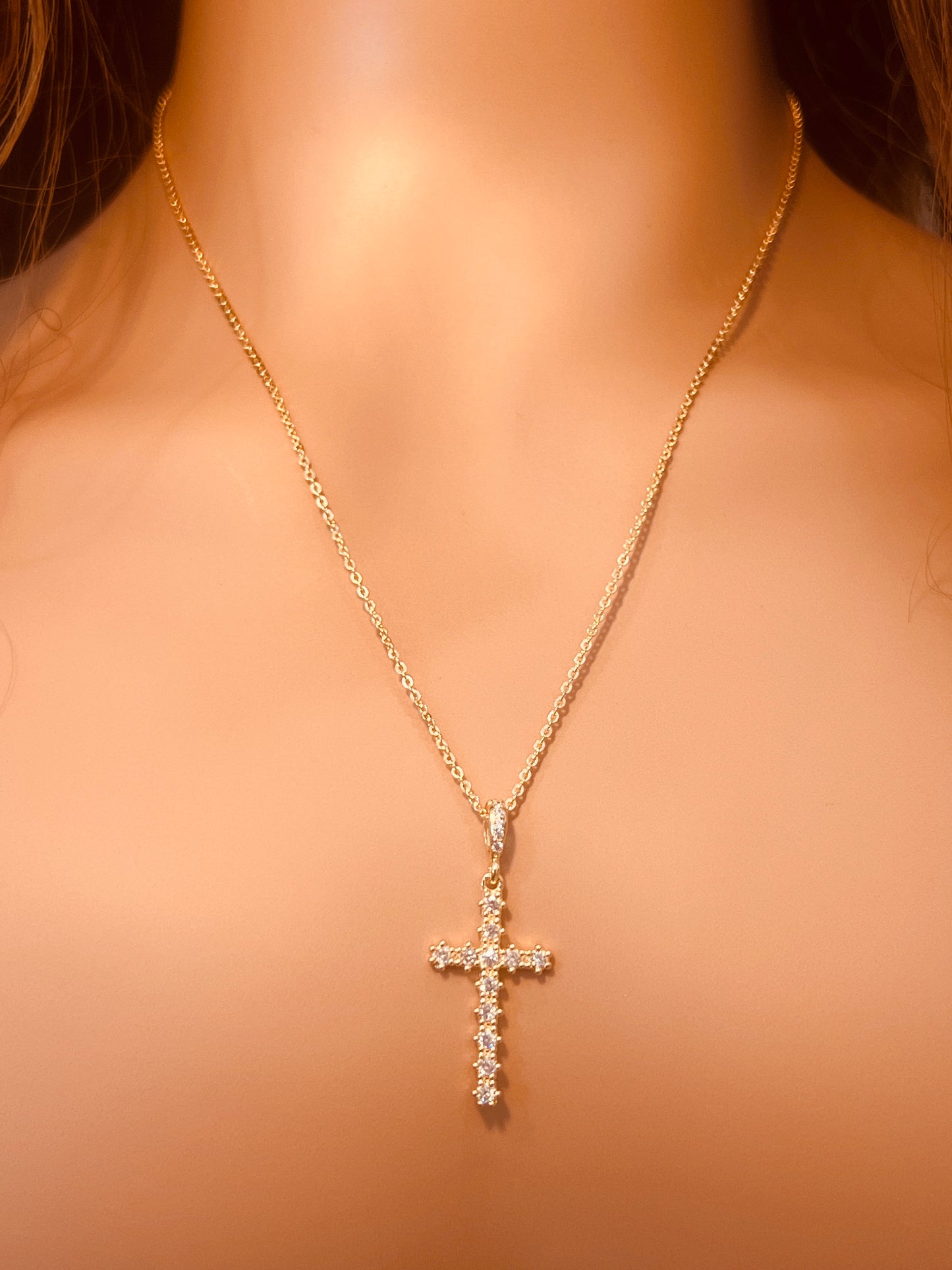 Gold Filled CZ Cross Cross Charm Necklace | Pendant Size 14mm x 27mm + Bail | 16" or 18" Length