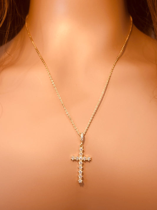 Gold Filled CZ Cross Cross Charm Necklace | Pendant Size 14mm x 27mm + Bail | 16" or 18" Length