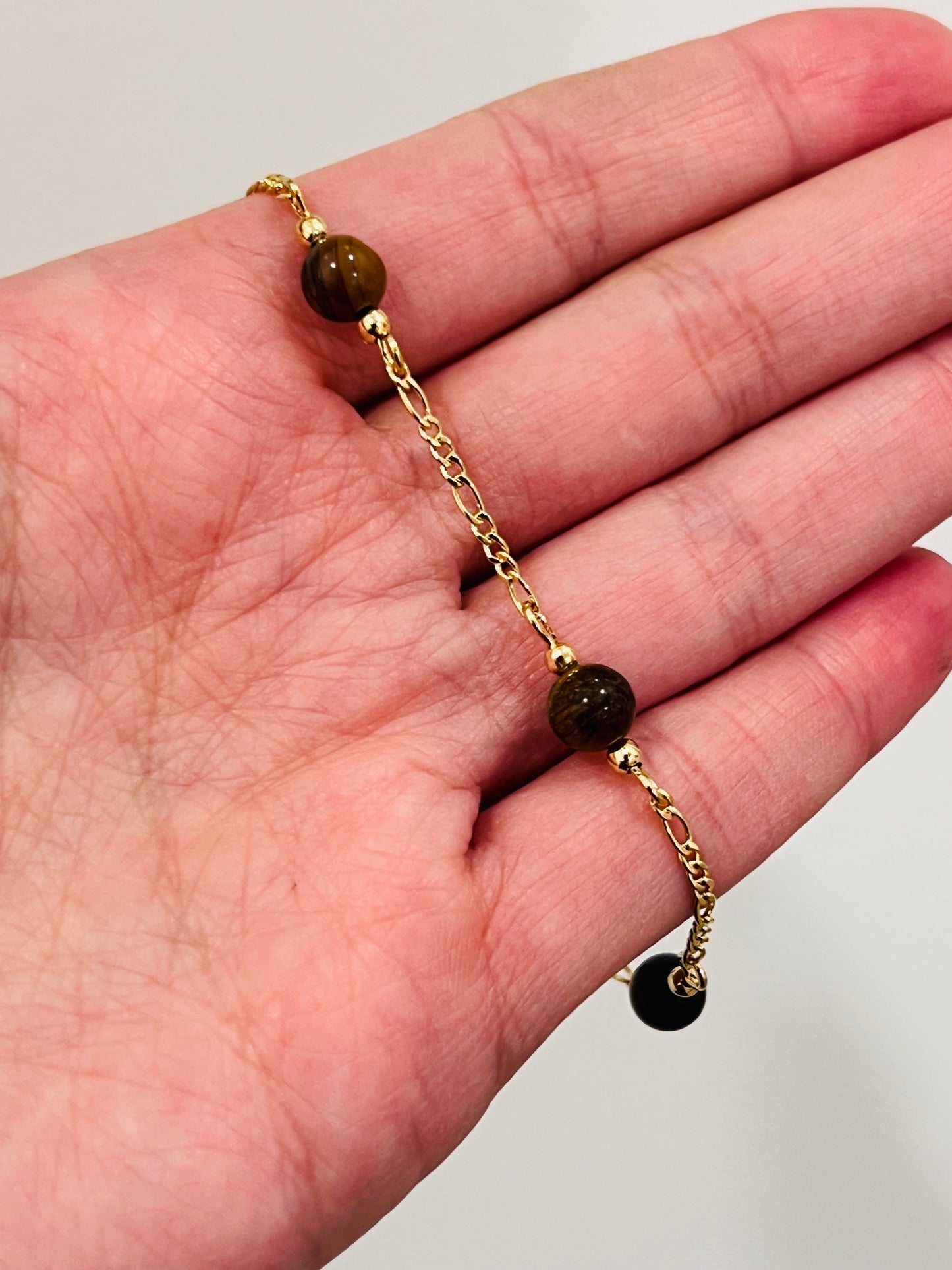 Gold Filled Bracelet | Tiger Eye Beads | Figaro Chain | 7.5"