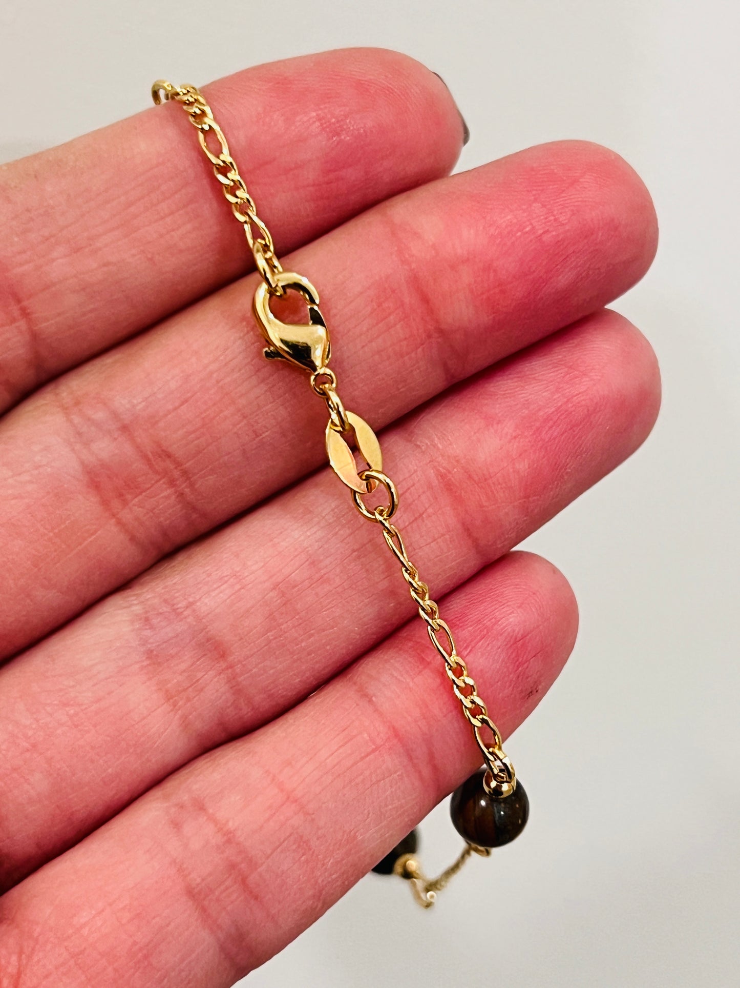 Gold Filled Bracelet | Tiger Eye Beads | Figaro Chain | 7.5"