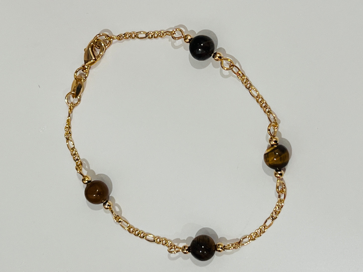 Gold Filled Bracelet | Tiger Eye Beads | Figaro Chain | 7.5"