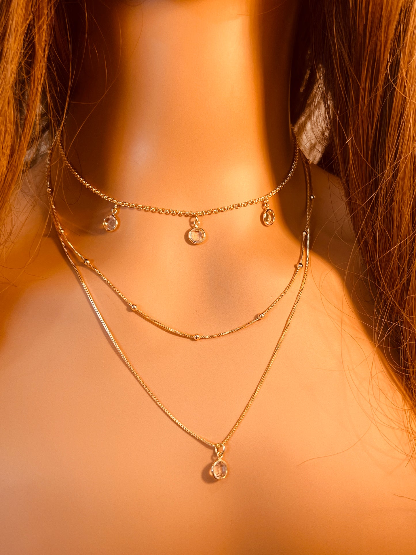 Gold Filled Layered CZ Necklace | Triple Dainty Chain