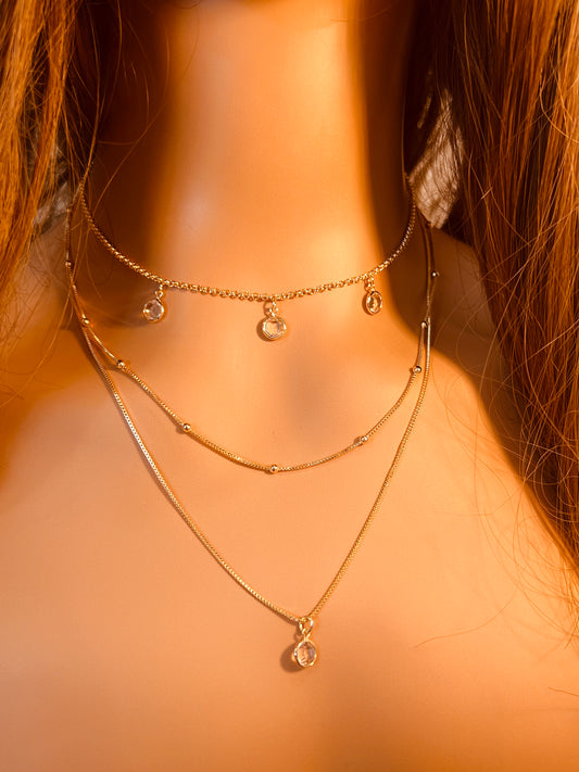 Gold Filled Layered CZ Necklace | Triple Dainty Chain