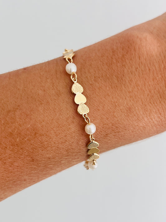 Gold Filled Heart Bracelet | Pearl Accents | 6.75"+1" Ext