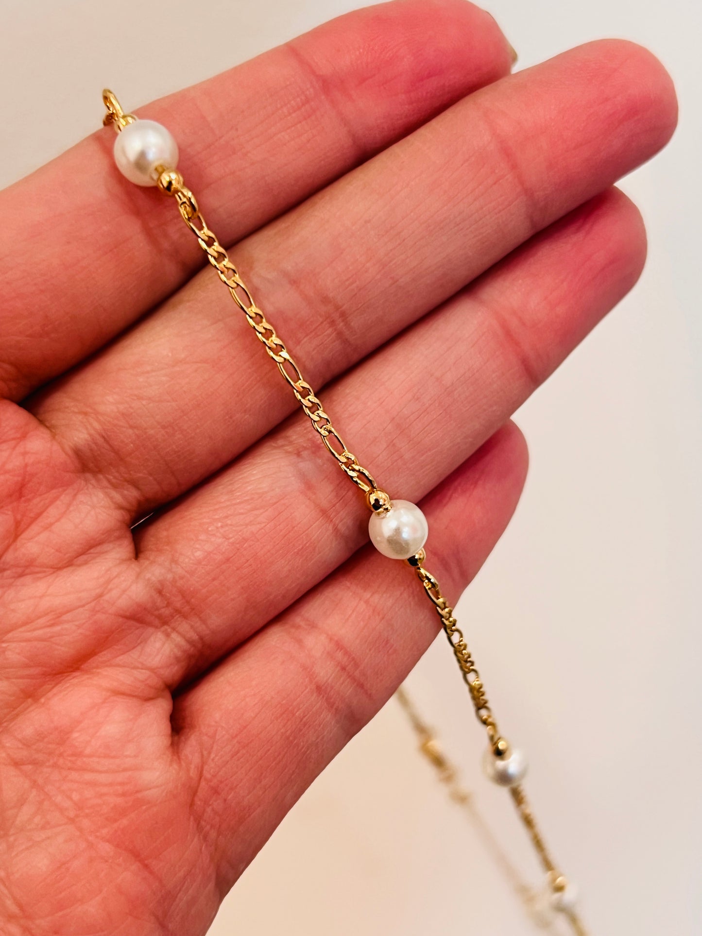 Gold Filled Pearl Figaro Necklace | 6mm Beaded Chain