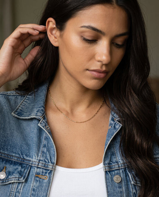 Gold Filled 0.5mm Paperclip Necklace worn by a model
