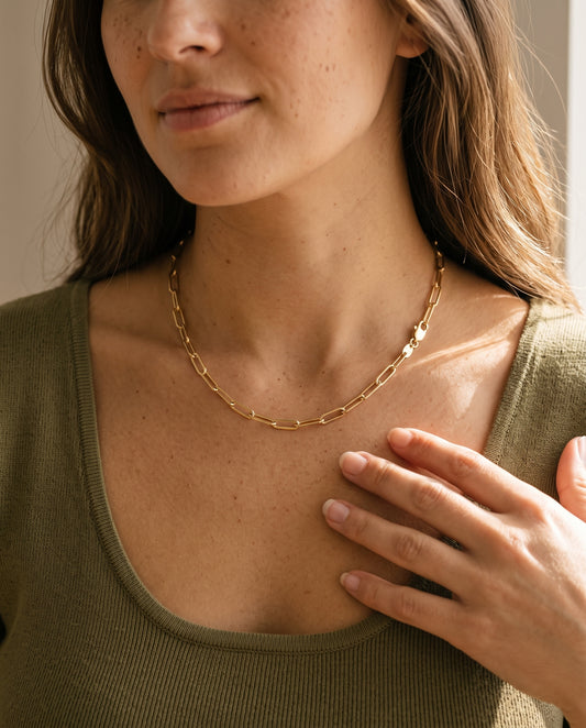 Gold Filled 3.5mm Paperclip Necklace worn by a model