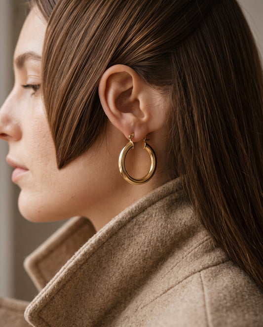 Gold Filled 30mm Hoop Earrings worn by a model