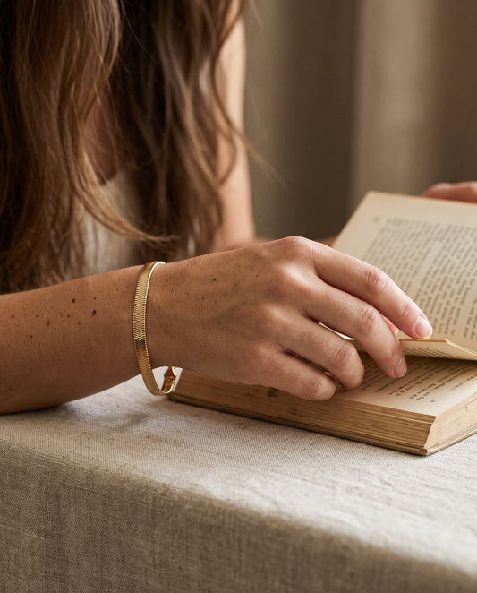 Gold Filled 6mm Magic Herringbone Bracelet worn by a model