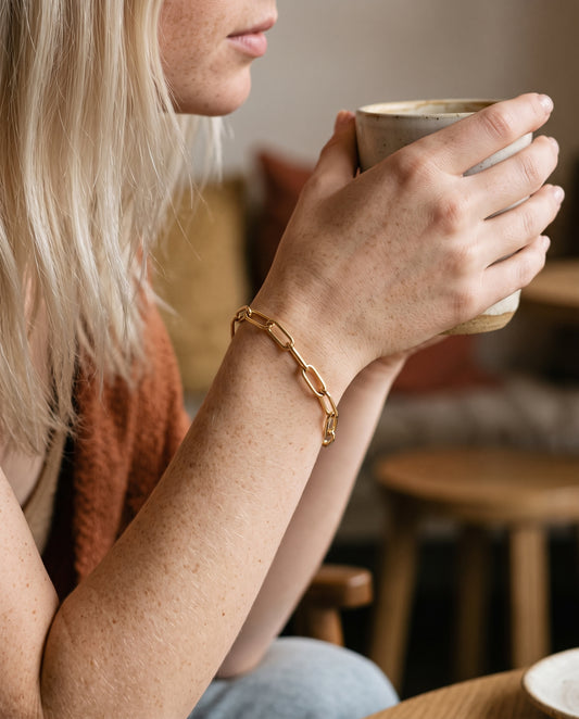 Gold Filled 6mm Oval Paperclip Bracelet worn by a model