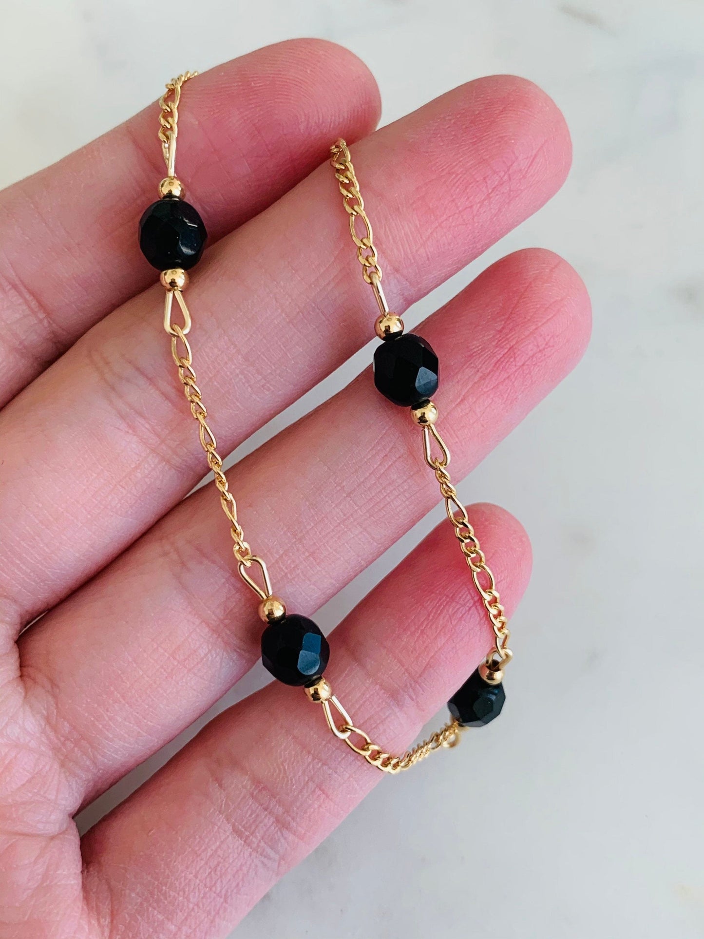 18KT Gold Filled Bracelets, Gold Filled Black Crystal Figaro Bracelet | Bold Shine with a Luxe Edge by HAUS OF MONOGRAM