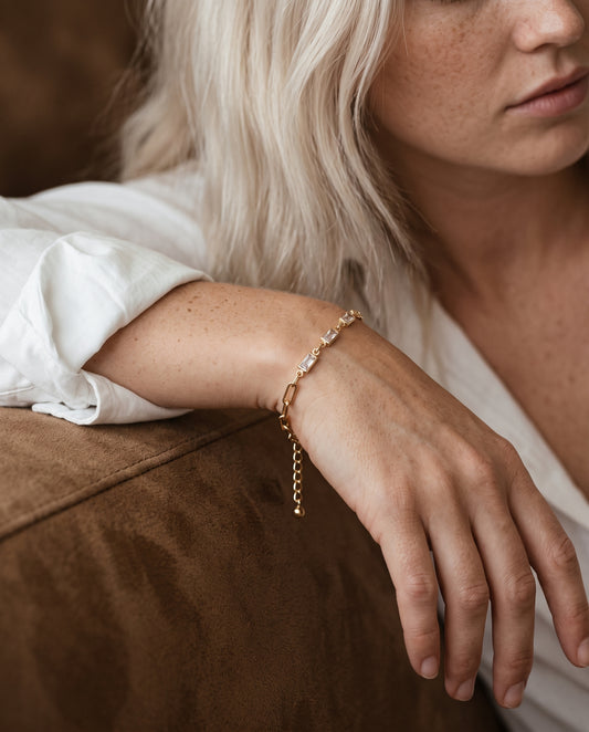 Gold Filled CZ Paperclip Bracelet worn by a model