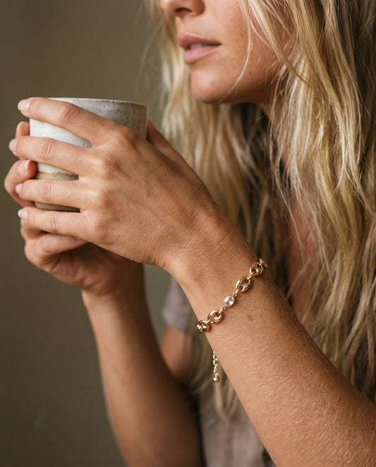 Gold Filled CZ & Puff Paperclip Bracelet worn by a model