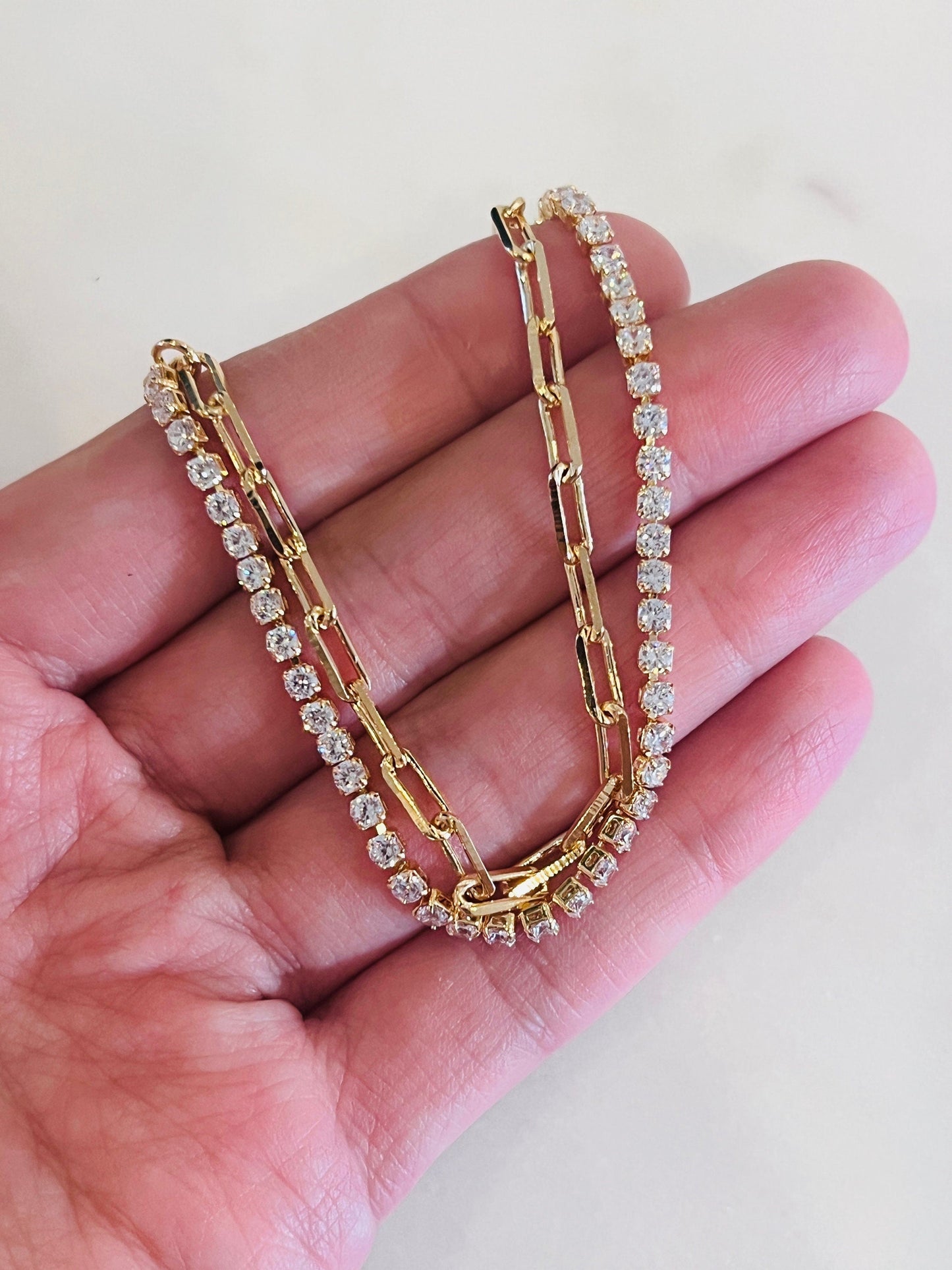 18KT Gold Filled Bracelets, Gold Filled CZ Tennis & Paperclip Bracelet | Sparkle Meets Edge by HAUS OF MONOGRAM